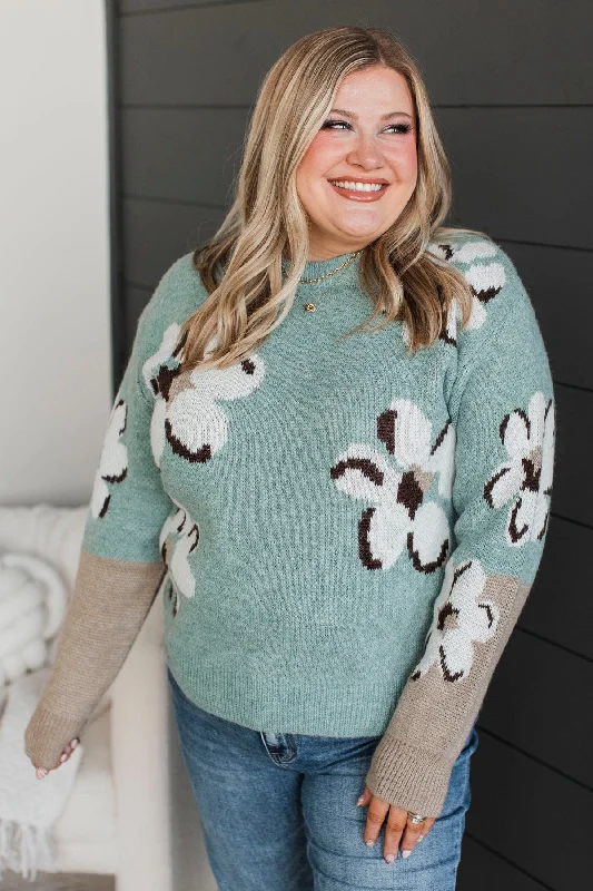 Elevate Your Wardrobe Sweet Favors Floral Knit Sweater- Mint