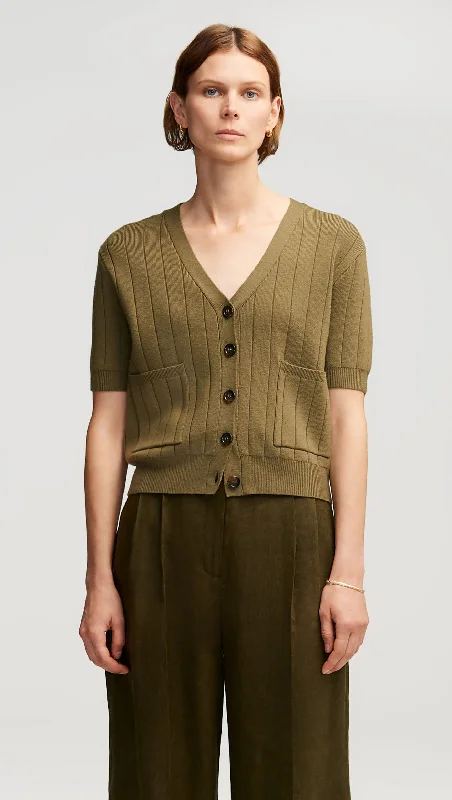 Fashion Forward Everyday Shortsleeve Cardigan in Merino Wool | Khaki Green