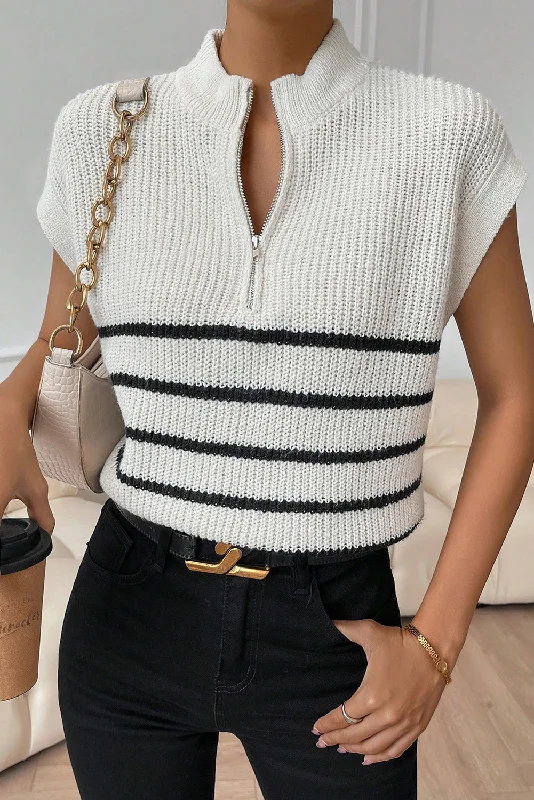 Premium Quality Garments White Stripe Half Zip Split Stand Neck Sweater T-shirt