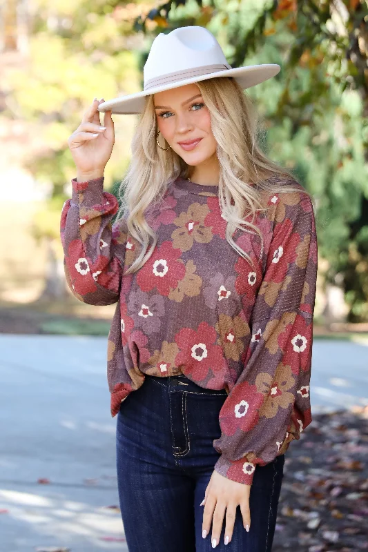 End Of Season Clearance FINAL SALE - Special Sweetness Mocha Floral Waffle Knit Top - DOORBUSTER