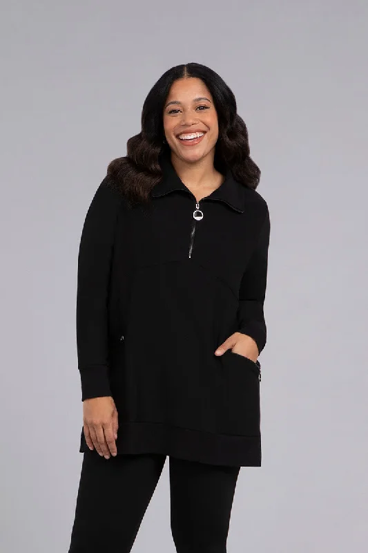 Spring Fashion Bamboo Fleece Zip Collar Tunic | Black