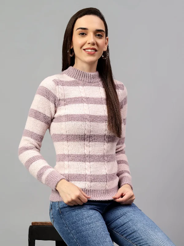 Chic Trends Unveiled Cantabil Women's Striped Mauve Full Sleeve Casual Sweater