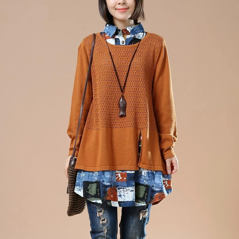 Trend Alert Orange plus size sweaters fake shirt blouse