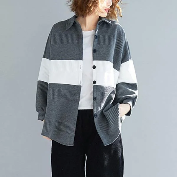 Bold Fashion Oversized Women Autumn Casual Coats  Turn-down Collar Patchwork Color Loose Female Jackets