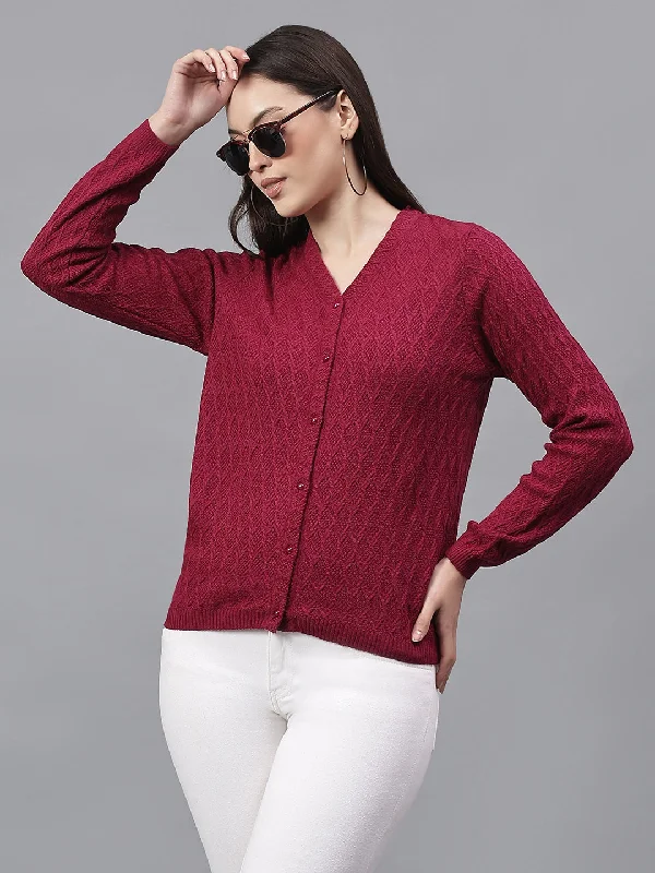 Versatile Wardrobe Essentials Women's Self Design Pink V-Neck Full Sleeves Casual Sweater