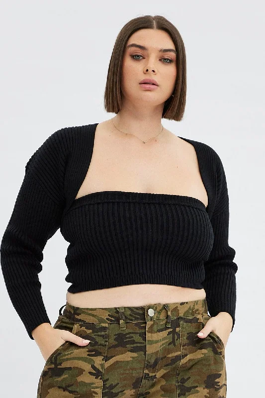 Chic Styles Black Strapless Top And Shrug Knit Set