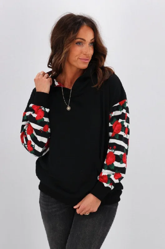 Best Sellers Shine On Label Lailah Hooded Sweatshirt with Floral Striped Sleeves & Hood Lining