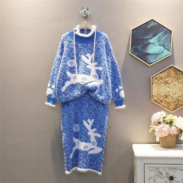 Budget-Friendly Fashion Two Piece Set Women Fashion New Full Sleeve Pattern Pullover Top Elastic Waist Pleated Knitted Skirt Elegant