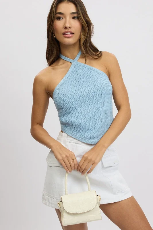 Style Beyond Borders Blue Knit Top Halter Neck