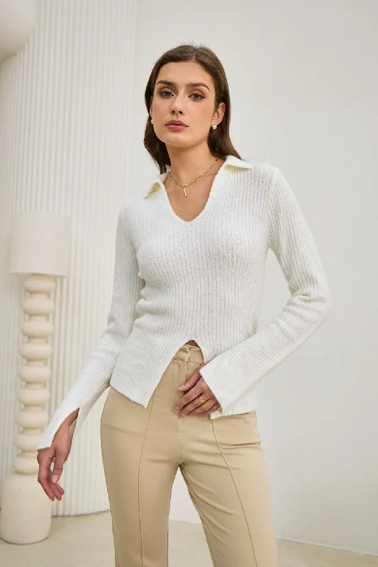 Best Sellers Audrey Off White Split Long Sleeve Knit Top