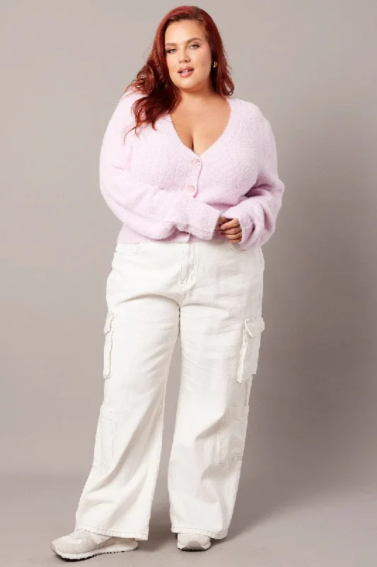 Limited Time Offers Pink Fluffy Knit Cardigan Long Sleeve V-neck