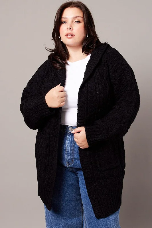 Fast Fashion Favorites Black Longline Cardigan Long Sleeve Hooded Cable Knit