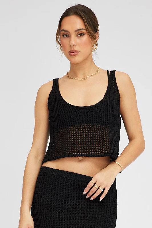 Fashion Forward Outfits Black Crochet Knit Top Scoop Neck
