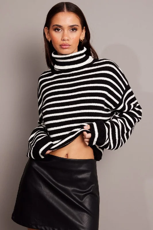 Current Trends Black Stripe Knit Top Long Sleeve High Neck