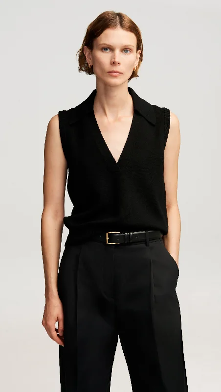Fashion Deal Collared Sleeveless Knit in Merino Wool | Black