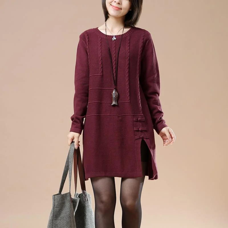 Seasonal Sale Burgundy new sweaters open hem cable knit dresses winter