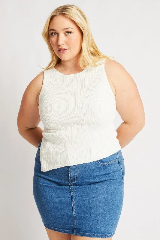 Flash Sales White Knit Top Asymmetric Hem Crew Neck