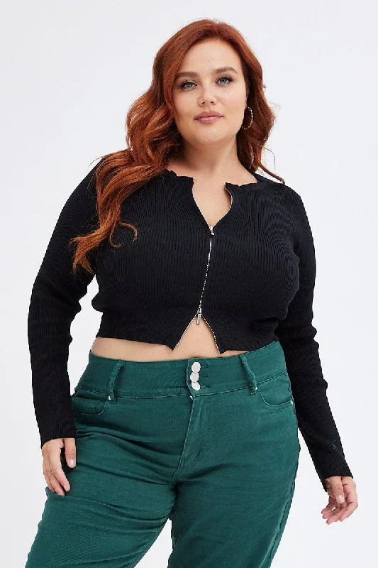 Update With Cottagecore Styles Black Knit Cardigan Zip Up Ribbed