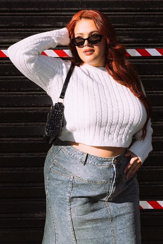 Relaxed Style White Cable Knit Top Long Sleeve Crew Neck