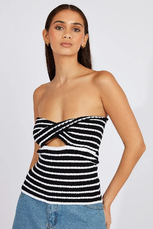 Chic Style Black Stripe Crochet Knit Top Bandeau