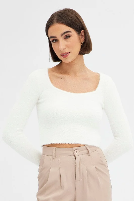 Trendy Street Style White Knit Top Long Sleeve Square Neck