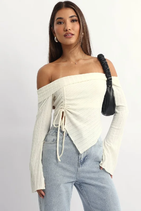 Limited Styles White Off Shoulder Top Long Sleeve Ruched
