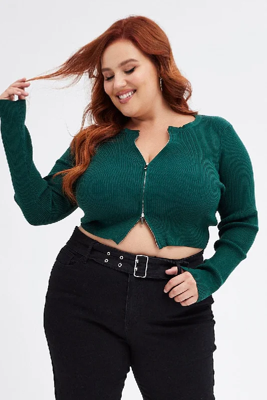 The Epitome Of Modern Women's Fashion Green Knit Cardigan Zip Up Ribbed