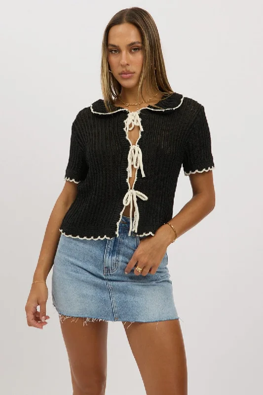 Vintage Inspired Fashion Sale Black Knit Cardigan Short Sleeve Collared