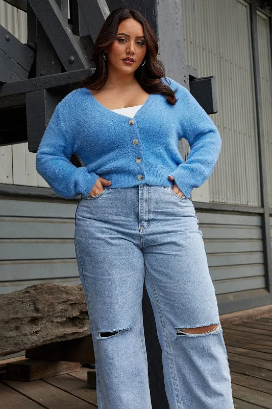 Absurdly Cheap Sale Blue Fluffy Knit Cardigan Long Sleeve V-neck