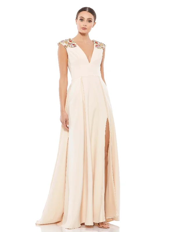 Imeless Style Beaded Cap Sleeve V Neck A Line Gown