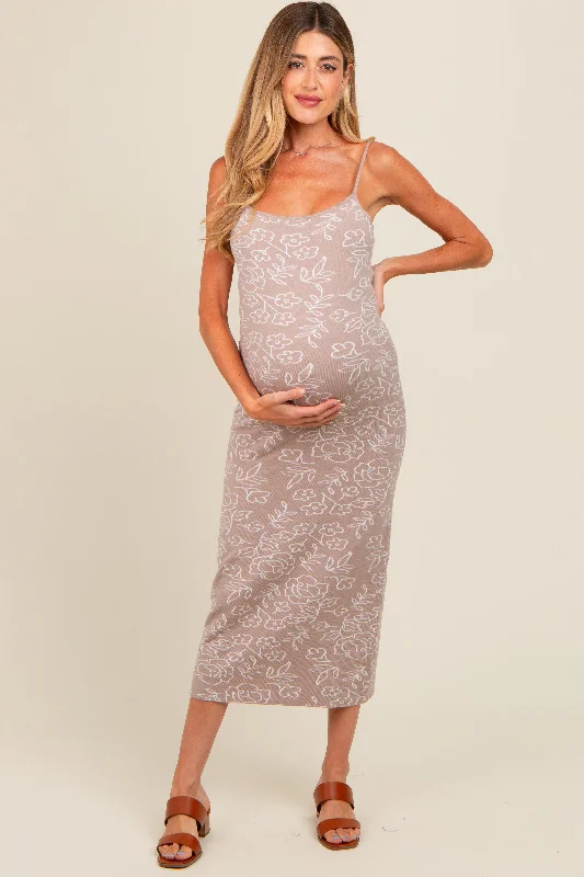 Insane Discount Onslaught Beige Floral Knit Fitted Maternity Midi Dress