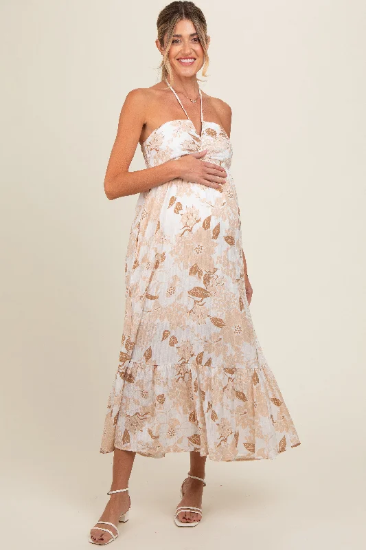 Style Breakthroughs Beige Floral Ruched Front Halter Maternity Midi Dress