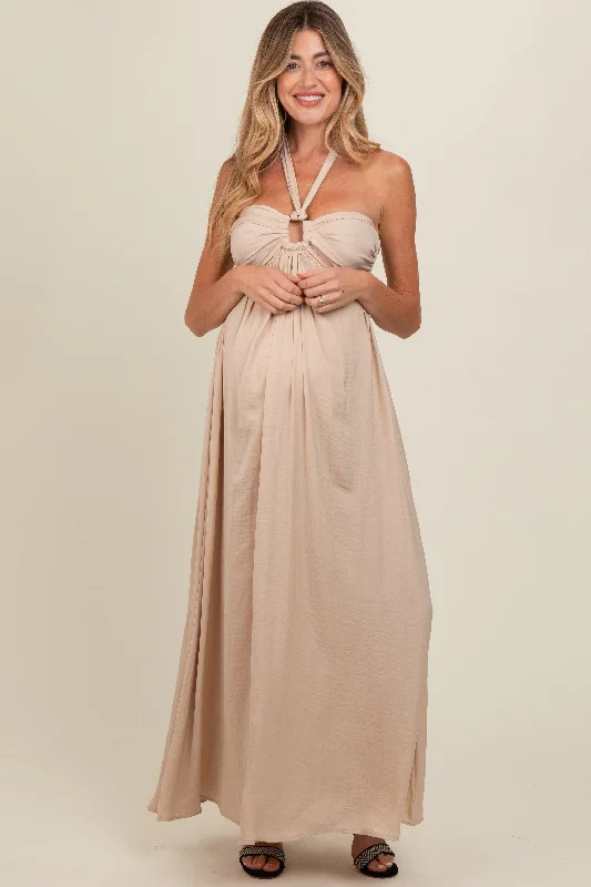 Everyday Glamour Beige Halter Cutout Maternity Maxi Dress