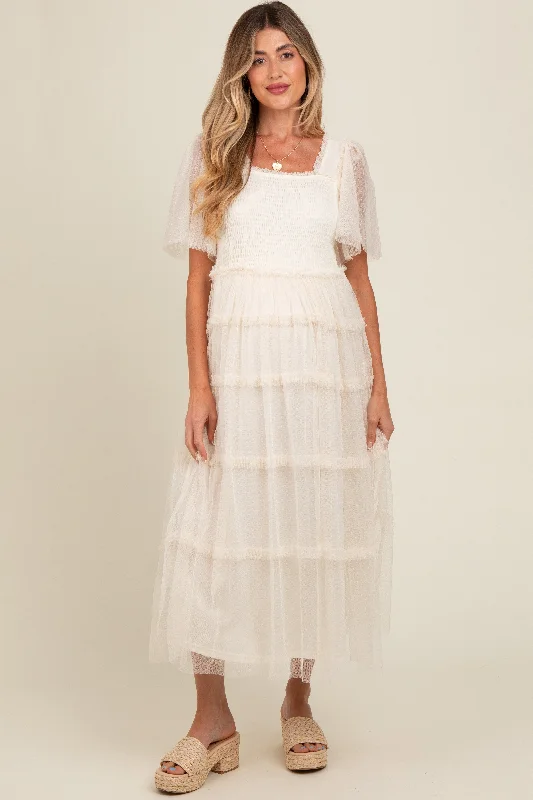 Effortless Grace Beige Ruffled Mesh Maternity Maxi Dress