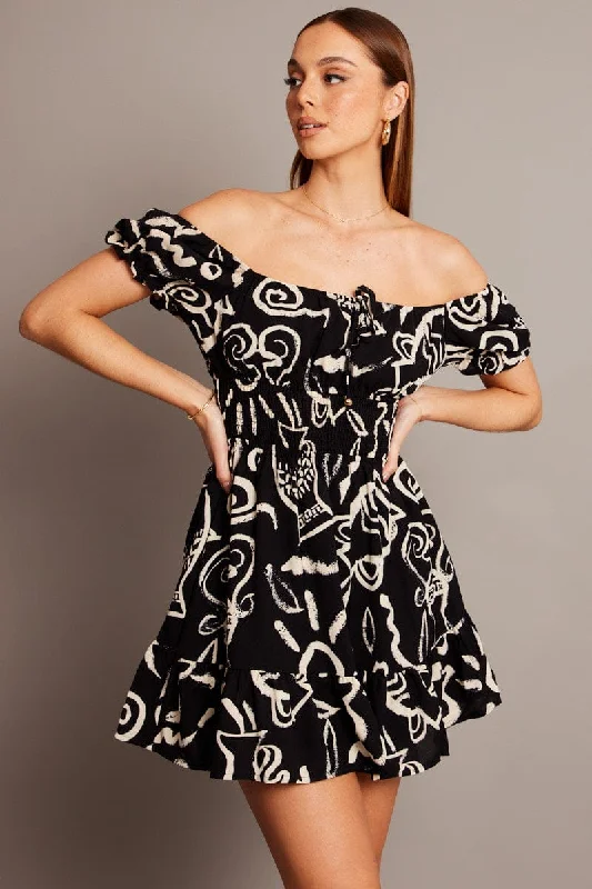 Trend Leading Collection Black Abstract Fit And Flare Dress Mini