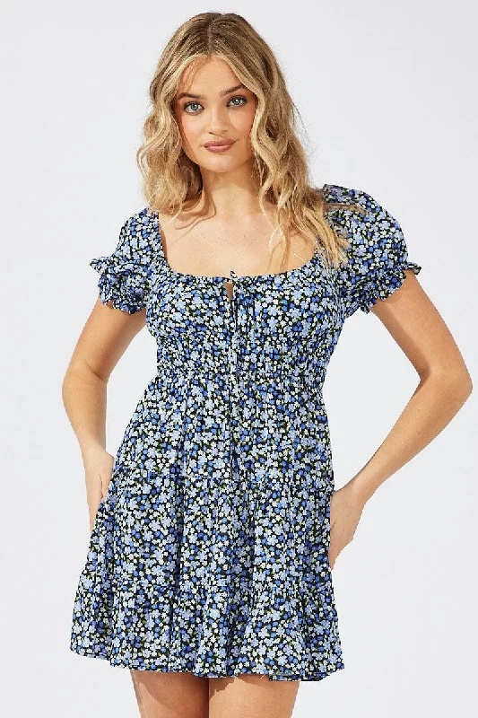 Limited Time Black Ditsy Fit And Flare Dress Puff Sleeve Mini