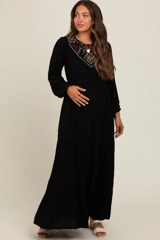 Effortless Everyday Wear Black Embroidered Maternity Tiered Maxi Dress