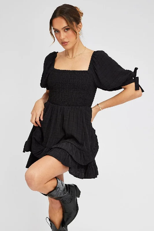 Discover Promotions Black Fit And Flare Dress Puff Sleeve Mini
