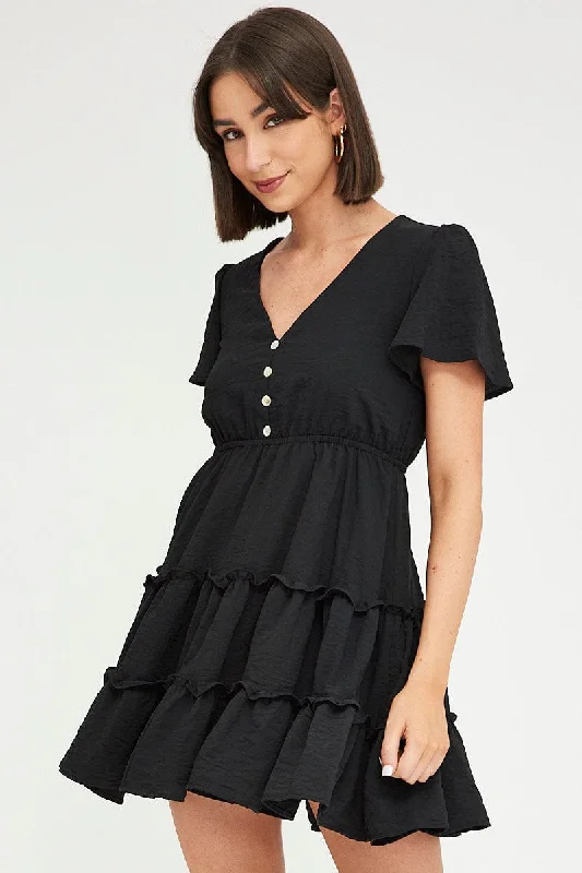 Budget Saver Black Fit And Flare Dress Short Sleeve Mini