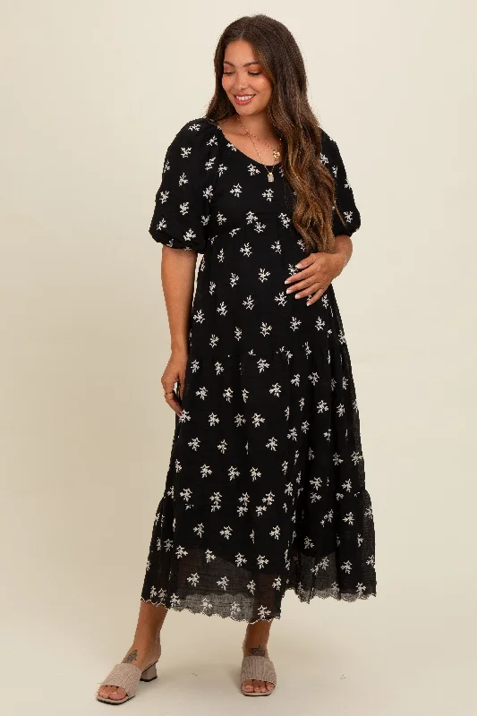 Clearance Event Black Floral Puff Sleeve Maternity Midi Dress