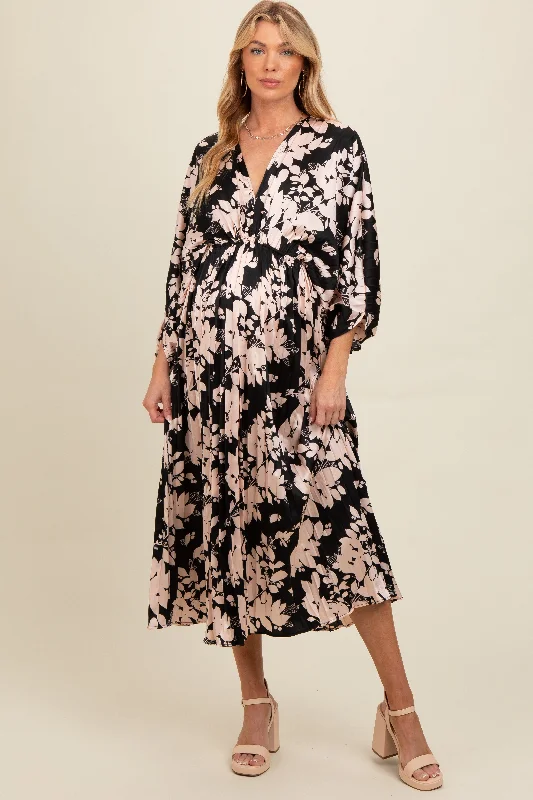 Gift Ideas Black Floral Satin Pleated V-Neck Maternity Maxi Dress