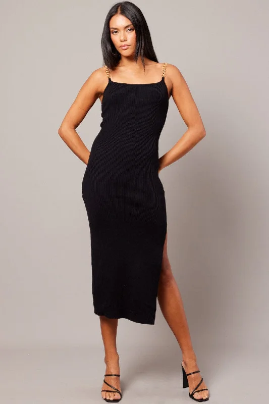 All Season Fashion Collection Black Knit Dress Chain Shoulder