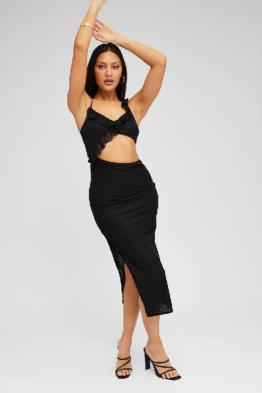 Seize Bargains Black Midi Dress Asymmetric Ruffle Cut Out