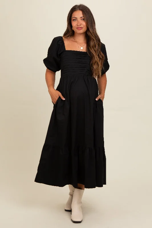 Vibrant Femme Fashion Black Pleated Bodice Puff Sleeve Maternity Midi Dress