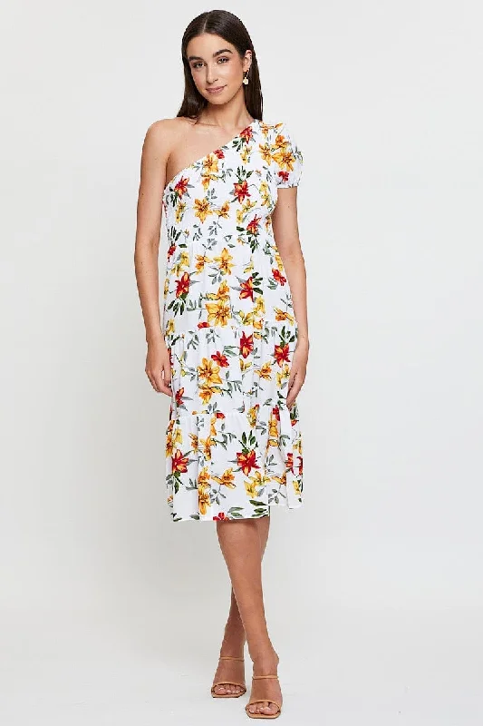 Latest Fashion Black Print Midi Dress One Shoulder Short Sleeve