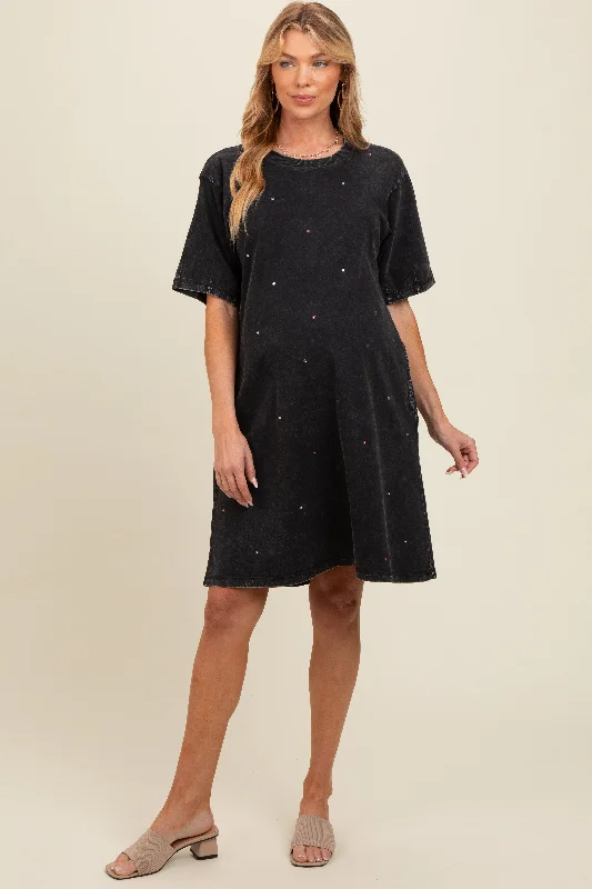 Lightweight Fabric Black Rhinestone Mineral Washed Maternity T-Shirt Dress