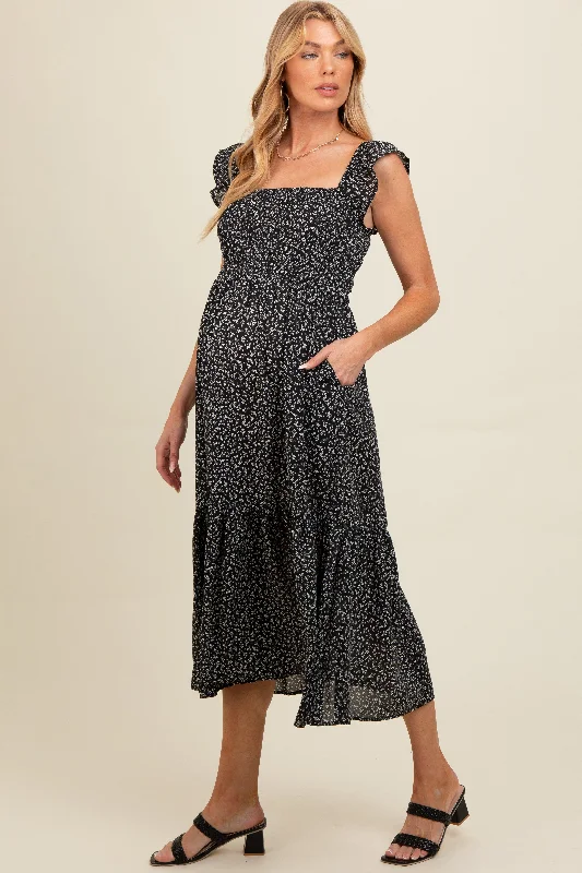 Elegant Clothing Black Ruffle Strap Smocked Maternity Mid Dress