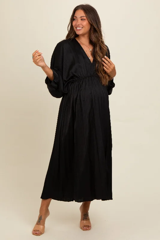 Save On Classic Elegant Styles Black Satin Pleated V-Neck Maternity Maxi Dress