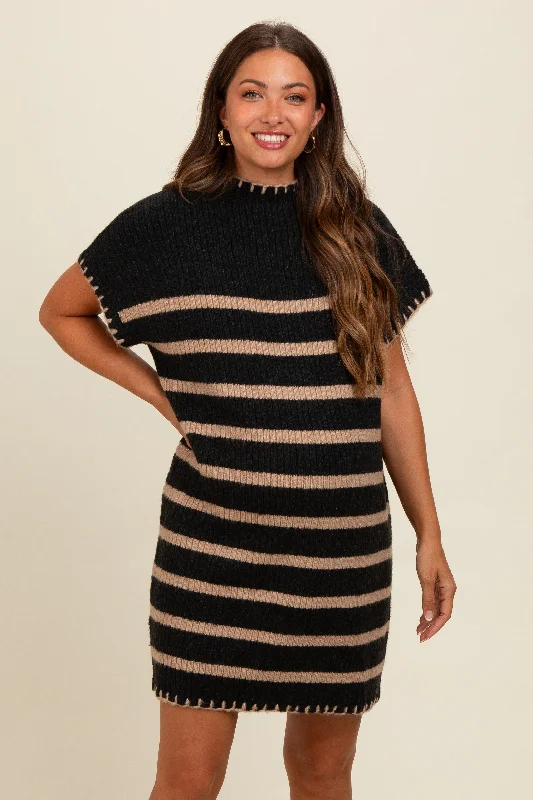 Women's Urban Fashion Black Striped Knit Contrast Stitch Maternity Mini Dress