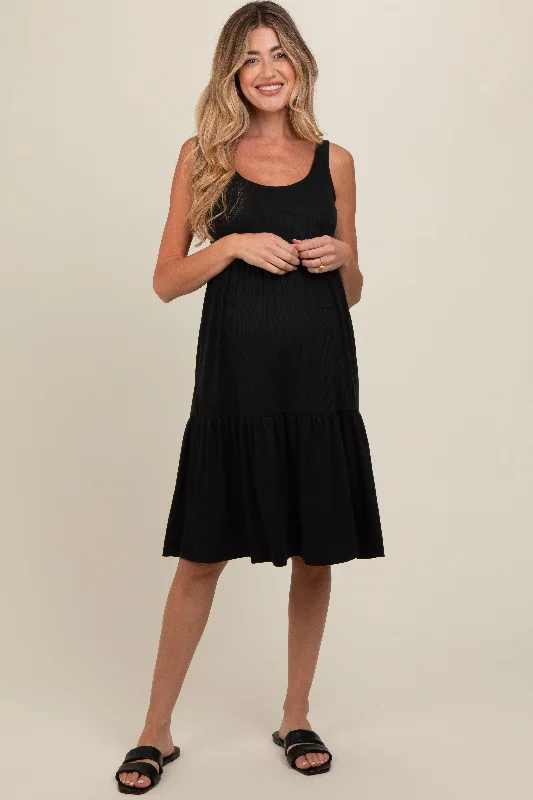 Women's Urban Fashion Black Tiered Sleeveless Maternity Midi Dress